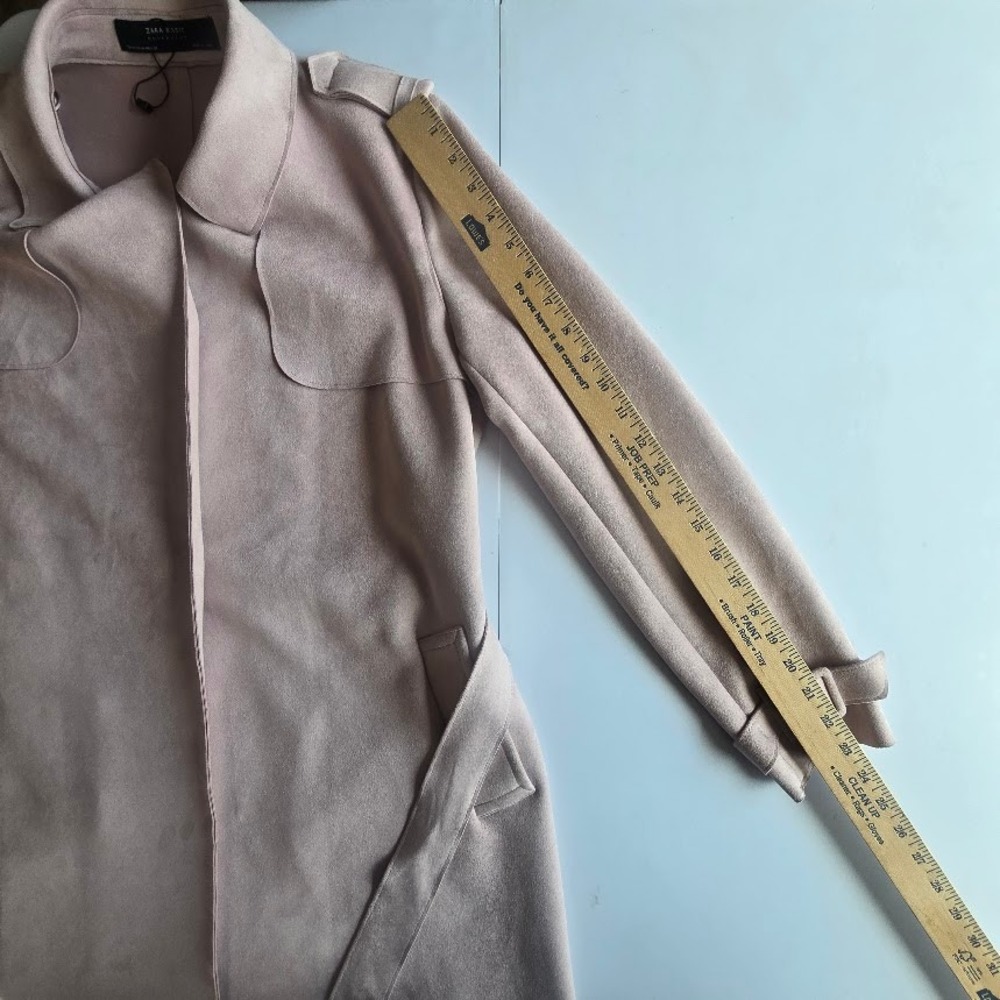Zara Trench Coat Womens M Pink Faux Suede Belted Minimalist Romantic Parisian - Picture 12 of 16